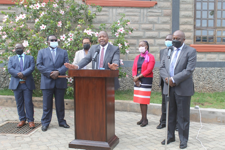 Health CS Mutahi Kagwe addressing the press at Kikalloh Grand Resort Hotel in Machakos County on Tuesday, December 14.