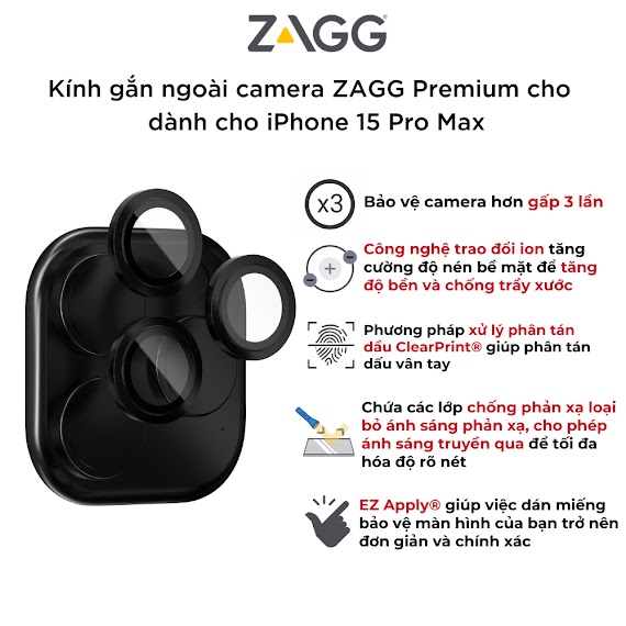 Kính Gắn Ngoài Camera Zagg Premium Cho Iphone - Dành Cho Ip 15/ 15 Plus - Hàng Chính Hãng