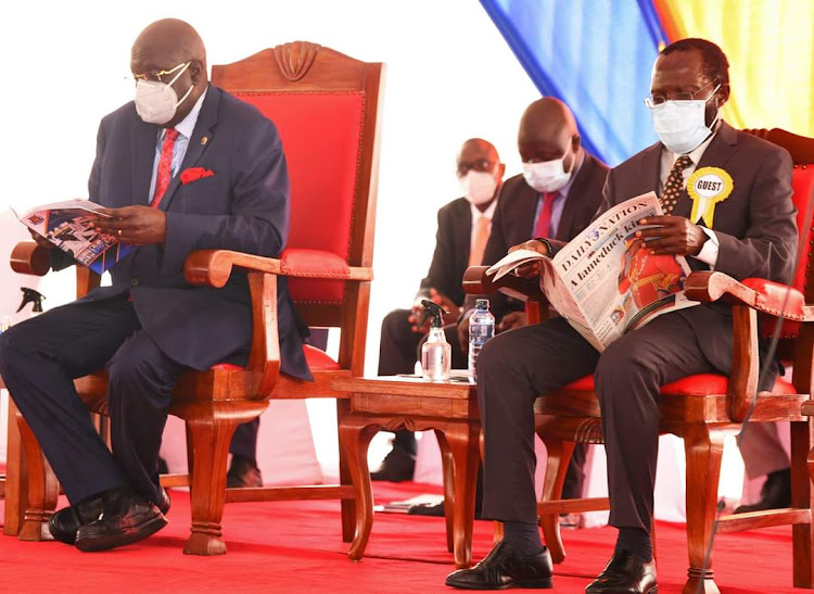 Education CS George Magoha and Kisumu Governor Anyang' Nyong’o during Kisumu National Polytechnic ninth graduation ceremony on February 23, 2022.