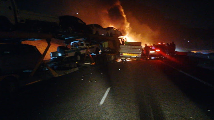 One person was killed when three trucks and a vehicle collided and caught alight on the N3 near the Marianhill Toll Plaza on Friday evening