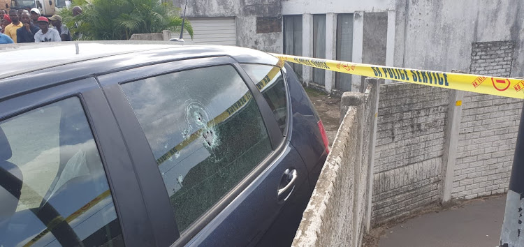 The navy blue Mercedes-Benz in which a taxi boss was shot and killed in Shakaskraal, north of Durban, on April 3 2019.