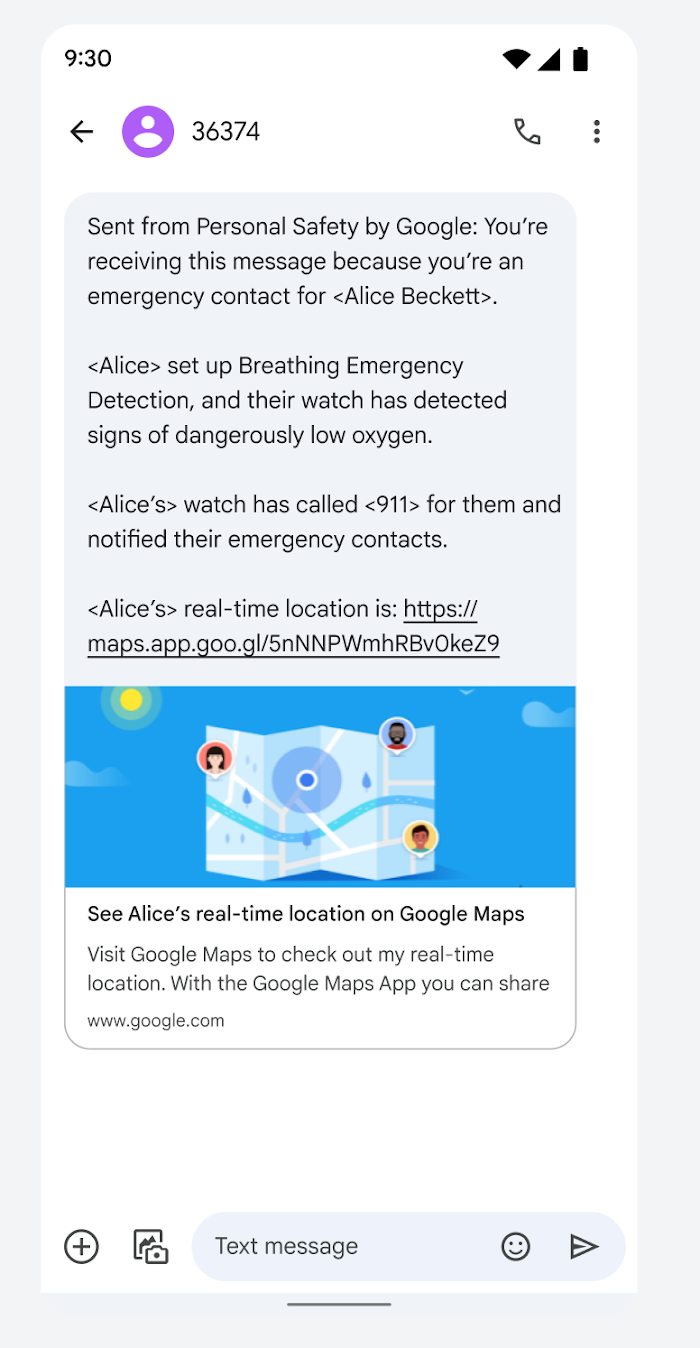 A screenshot of the message from Personal Safety by Google sent to emergency contact of Pixel Watch owner with a link to the real-time location of the owner.