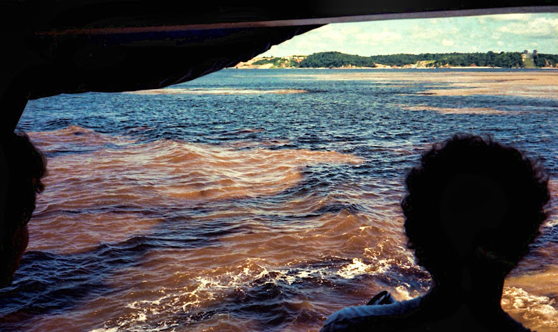 The Black River (Rio Negro) joins the muddy Amazon at the meeting of the rivers near Manaus, Brazil.