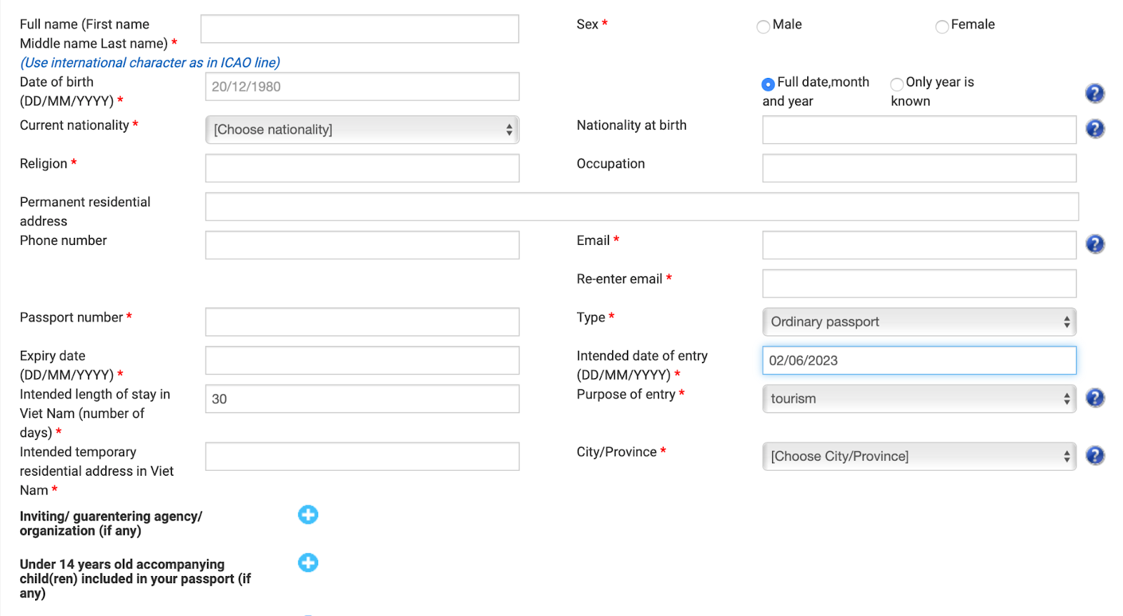 personal information required for Vietnam e visa