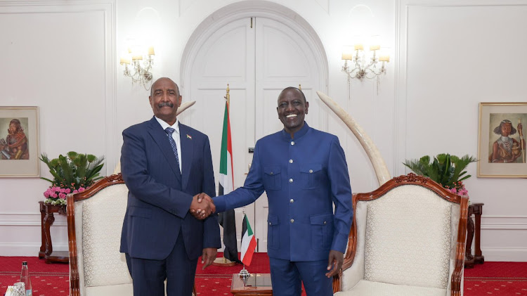 President William Ruto with General Abdel-Fattah Al Burhan of Sudan during a meeting at the State House on November 13, 2023.