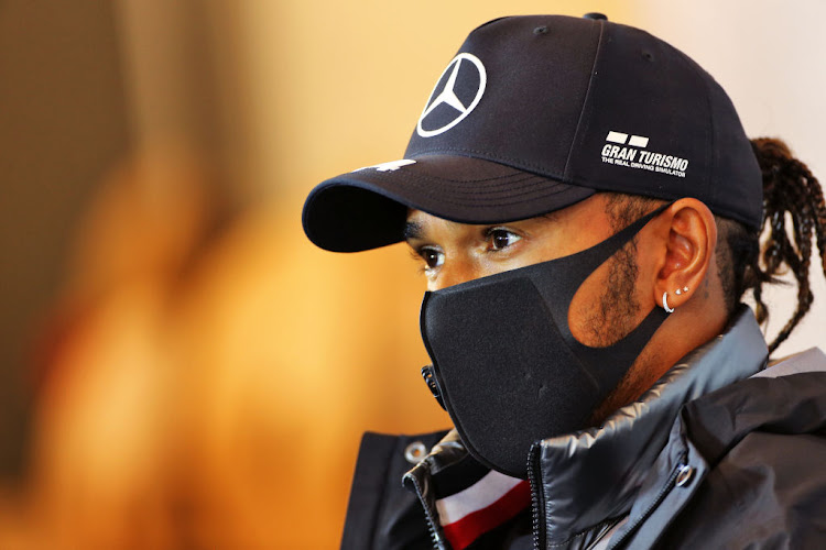 Lewis Hamilton of Great Britain and Mercedes GP talks in the Drivers Press Conference during previews ahead of the F1 Eifel Grand Prix at Nürburgring on October 08, 2020 in Nürburg, Germany.