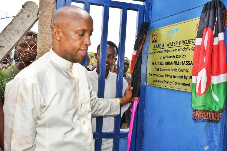 Isiolo Governor Abdi Hassan during the launch of Akadeli water projects in Ngaremara ward, Isiolo marking World Water Day on March 22, 2024