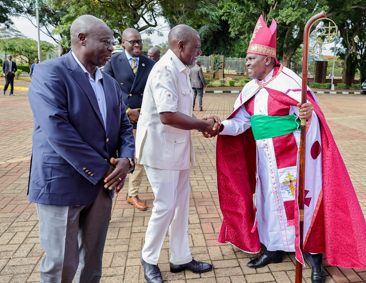 Deputy President Rigathi Gachagua and President William Ruto are received at Kasarani Gymnasium in Nairobi by AIPCA archbishop as the church celebrate the centenary (100th anniversary)