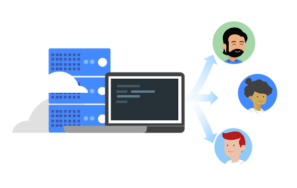  Illustration of a server and computer with three arrows pointing to three different users.