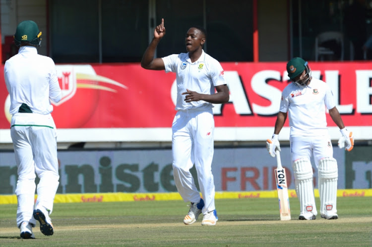 Kagiso Rabada of the Proteas celebrates the wicket of Soumya Sarkar of Bangladesh during day 2 of the 2nd Sunfoil Test match between South Africa and Bangladesh at Mangaung Oval on October 07, 2017 in Bloemfontein, South Africa.