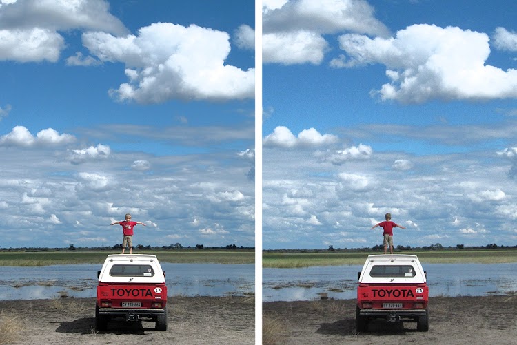 A four-year-old Christiaan van Wyk on Lucky the Bakkie at the Okavango River.