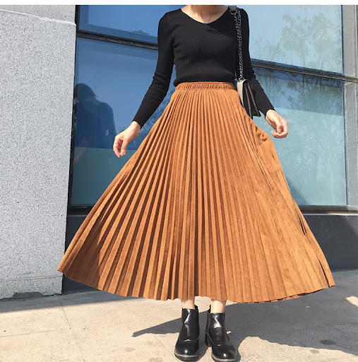 Title 6, Womens Deerskin Velvet Pleated Skirt High-wais...