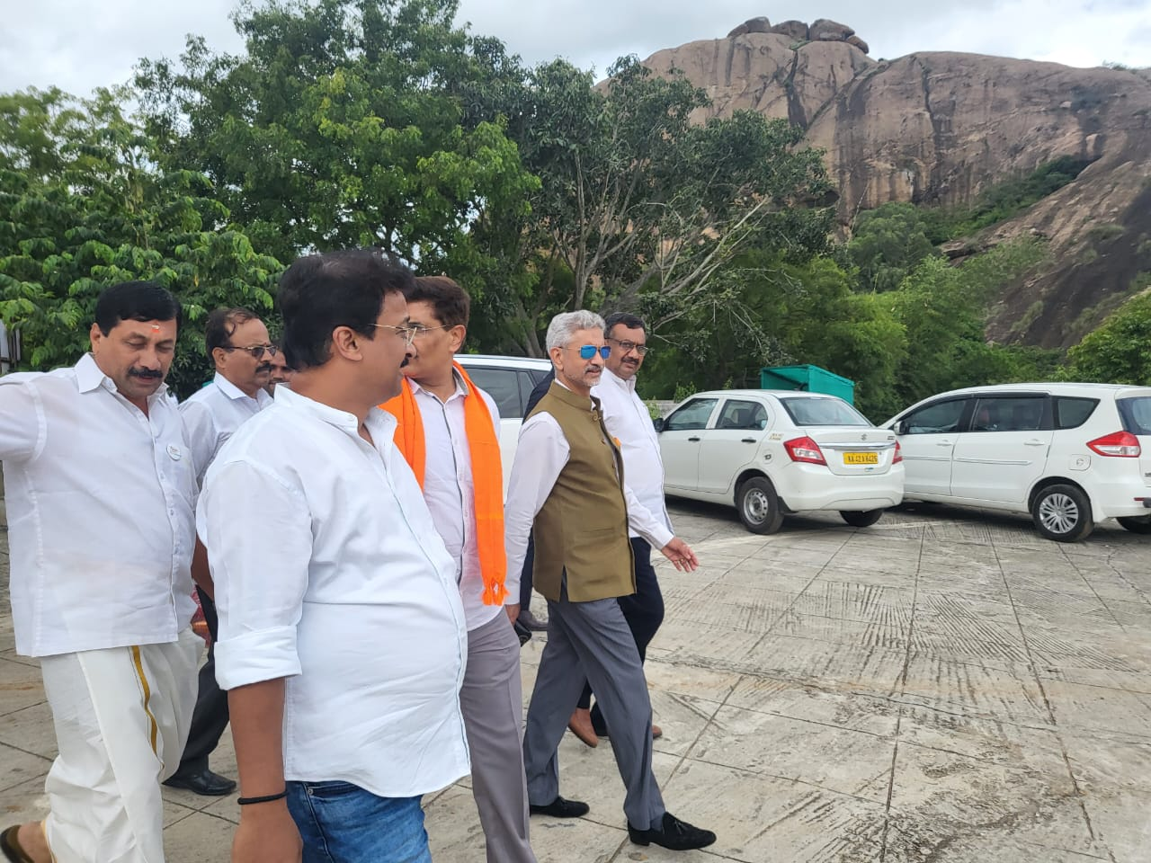 Dr. S Jaishankar, External Affairs Minister walking through Shilhaandara Resort with Dr. S. N. Ramesh, Bangalore