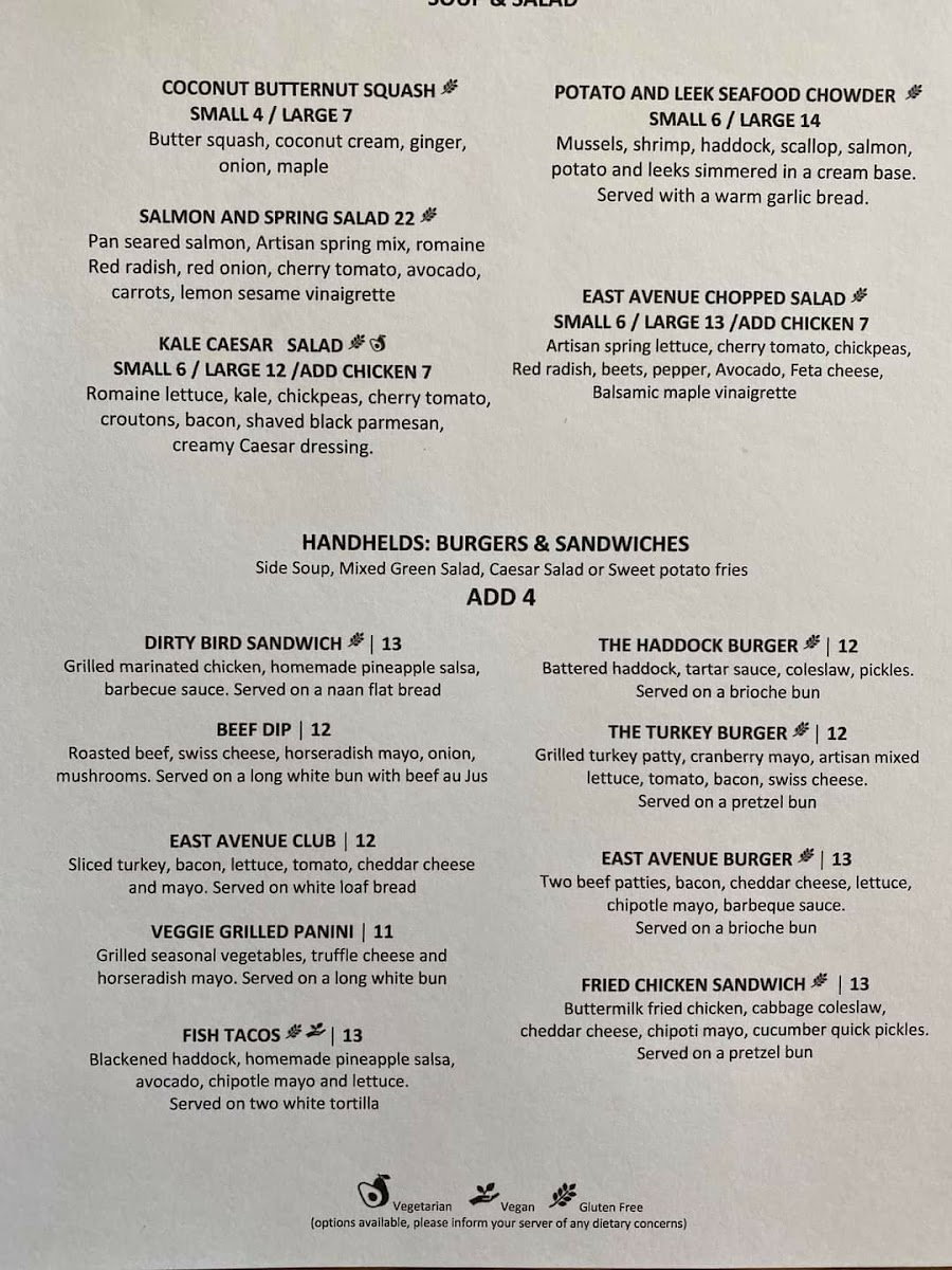 East Avenue gluten-free menu