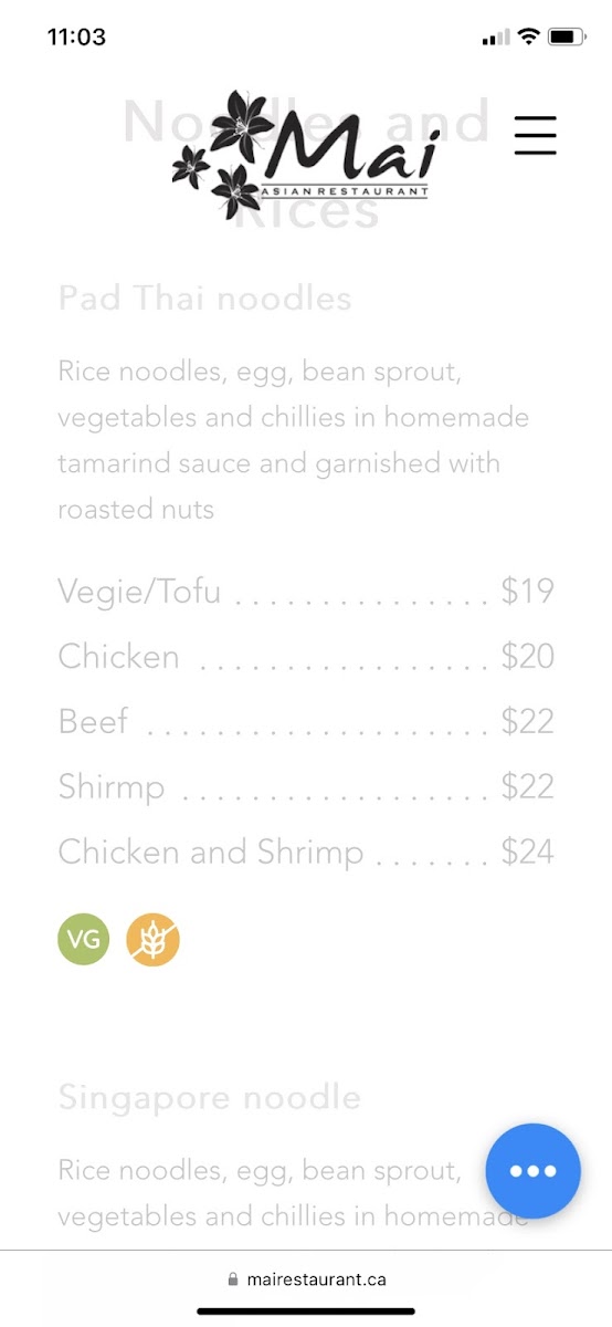 Dietary options marked with icons on the Menu