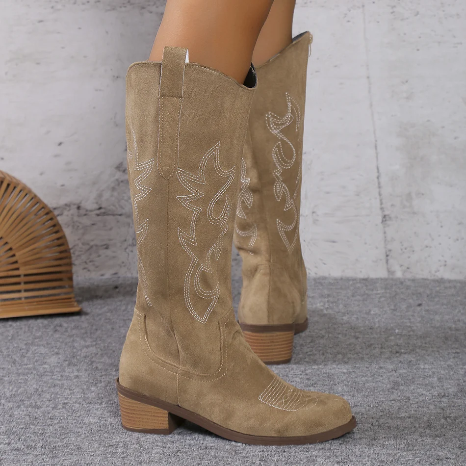 Bottes de cowboy mi-mollet rétro pour femmes, bout pointu, talon épais, couleur unie, fermeture éclair latérale, idéales pour un look tendance.