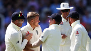 Jack Leach celebrates with teammates after taking a wicket during the once-off Test match against Ireland. 