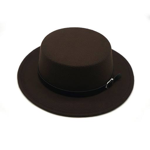 Title 2, Pure Color Silver Buckle Belt Woolen Flat Top Hat