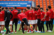 Egypt's Mohamed Salah with team mates during training.