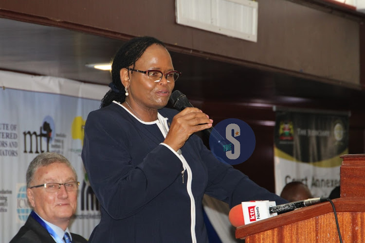 Chief Justice Martha Koome speaking during the inter-continental mediation summit at Nairobi Safari Club on October 18, 2023