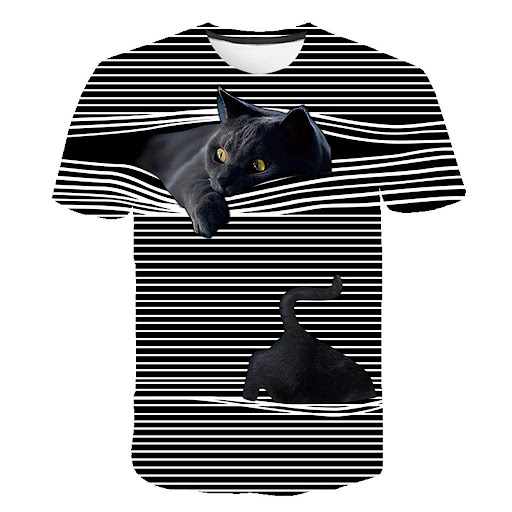 Title 2, Fashion 3D Kitten Striped Short Sleeve T-Shirt Top
