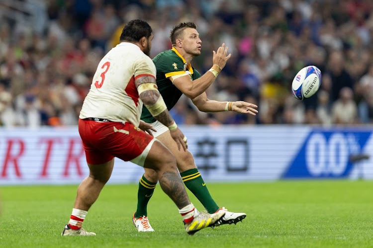 Handré Pollard passes the ball in the Springboks' Rugby World Cup pool B match against Tonga at Stade Vélodrome in Marseille on Sunday. Picture: GALLO IMAGES/JUAN JOSE GASPARINI