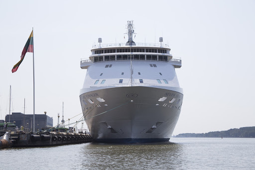 A straight-on view of the luxury ship Seven Seas Voyager. 