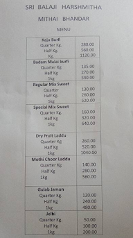 Sri Balaji Harshitha Mithai Bhandar menu 1