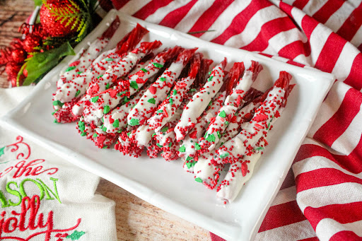 A platter of Twizzlers With Almond Bark.