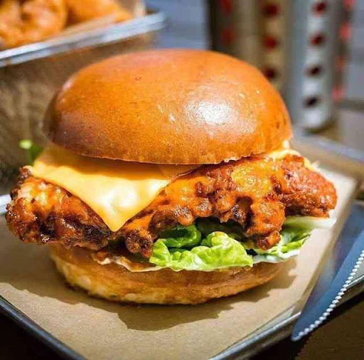 Cheesy Chicken Tikka Burger