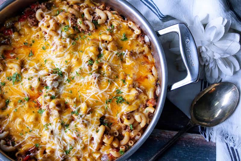 Cheesy Southern Goulash In A Skillet.