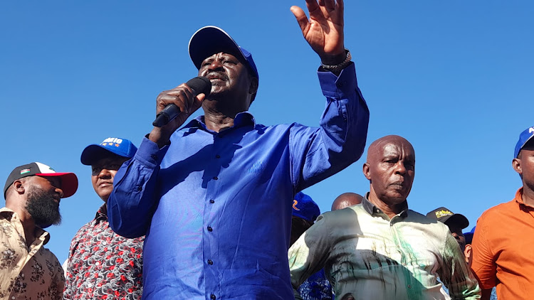 ODM leader Raila Odinga addressing the public during Azimio la Umoja rally at Makadara shopping centre in Athi River, Machakos County on Saturday, March 5, 2022.