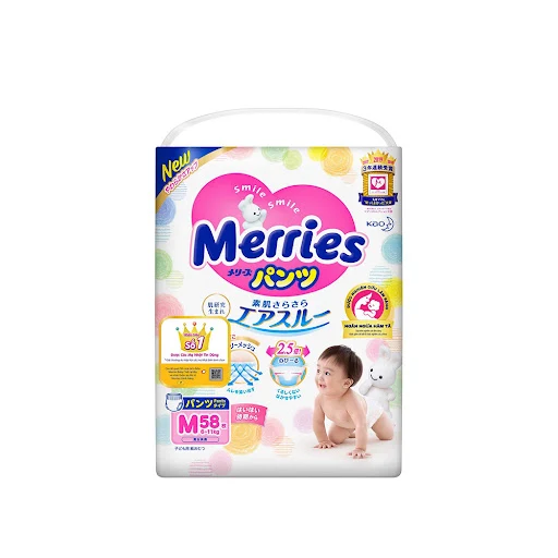 Tã bỉm quần Merries size M58 (cho bé 6 - 11kg) bịch 58 miếng (có tem đổi quà) - Hàng thanh lý