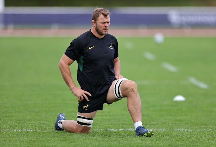 South Africa forward Duane Vermeulen stretches during a South Africa training session ahead of their Rugby World Cup France 2023 Final match against New Zealand on October 27, 2023 in Domont, France.