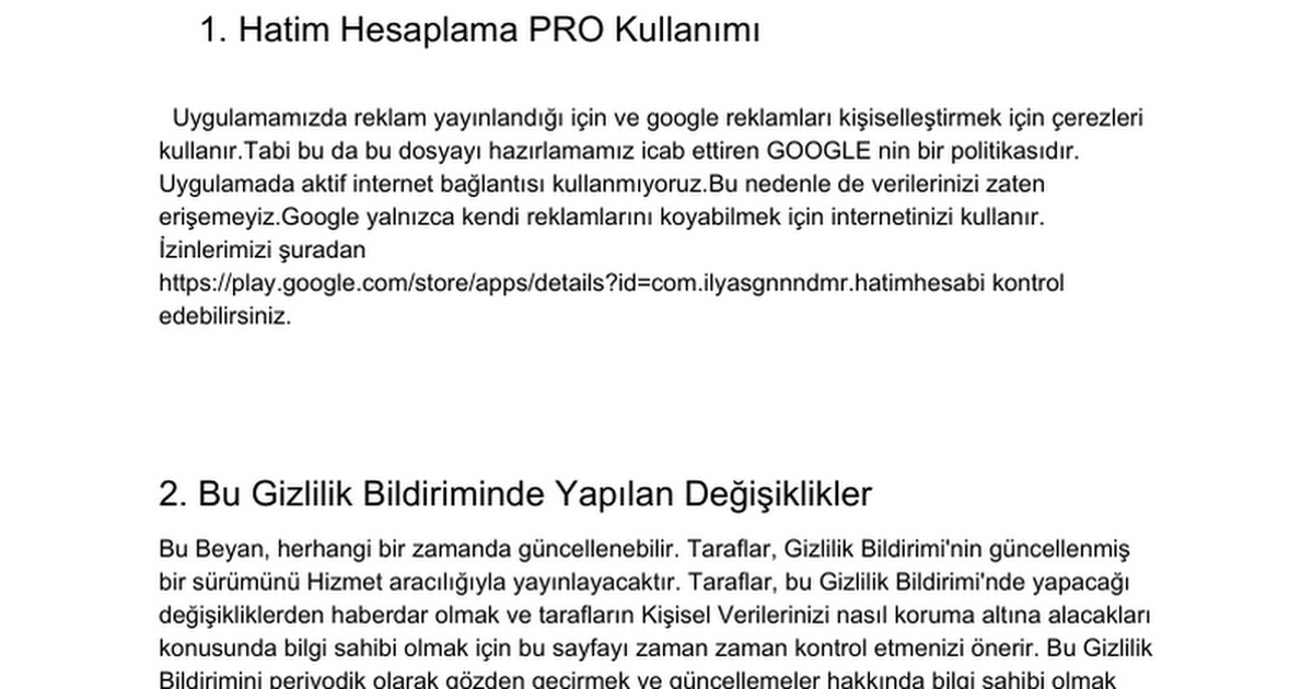 Hatim Hesaplama PRO MOBİL UYGULAMA GİZLİLİK BİLDİRİMİ - Google Docs