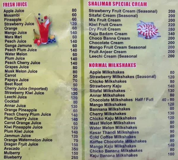 Shalimar Juice Centre menu 