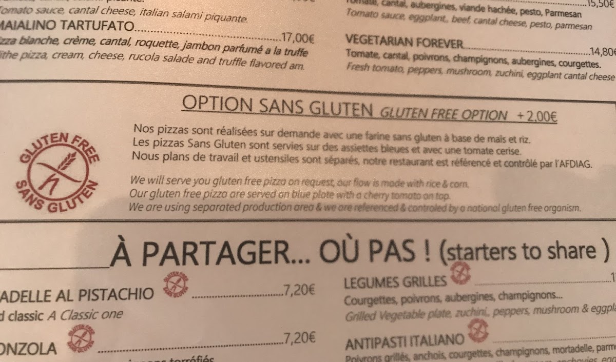 The Celiac statement on the menu.