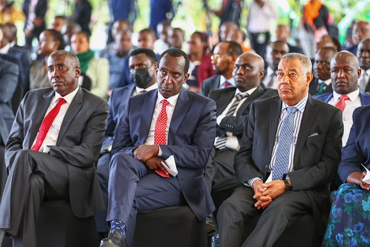 Governors Joseph Ole Lenku (Kajiado), Patrick Ntutu (Narok) and Issa Timamy (Lamu) during the launch of Kenya Urban Support Programme (KUPS2) at Statehouse, Nairobi on May 7, 2024.