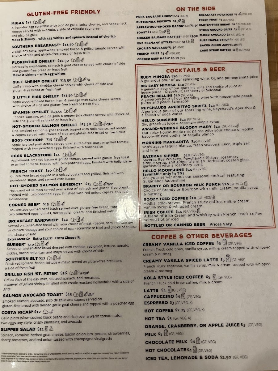 Gluten free menu