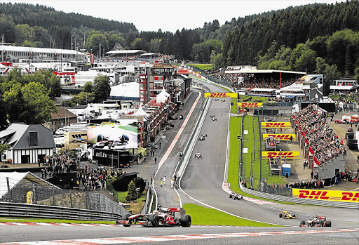 Lewis Hamilton on the Eau Rouge section of the Spa circuit in Belgium