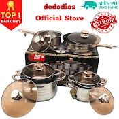 Bộ Nồi Đức Dododios 6 Món 12 Chi Tiết Dùng Cho Mọi Loại Bếp, Bộ Nồi Inox Dày Dặn Tráng Men Vàng Kèm Nắp Kính