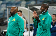 Mamelodi Sundowns coaches Manqoba Mngqithi and Rulani Mokwena during last season's MTN8 final against Cape Town City at Durban's Moses Mabhida Stadium on October 30 2021. 
