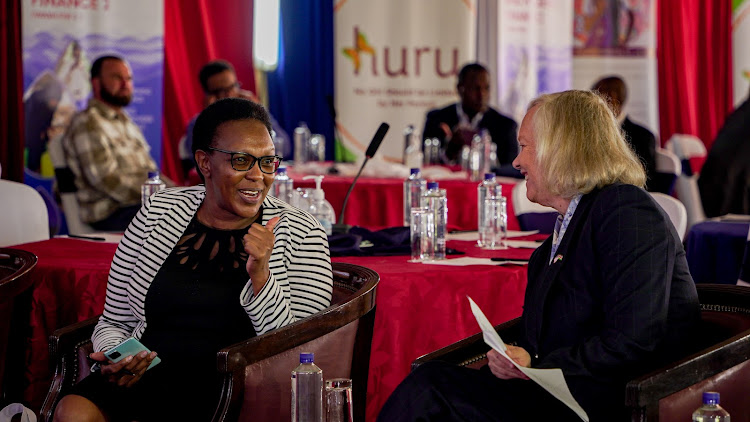 Director Public Health, Susan Koki in conversation with US Ambassador to Kenya, Meg Whitman during the launch of Sh12.9 billion investments in WASH High Priority Country Plan Kenya (2022-2027) in Nairobi on March 6, 2023.