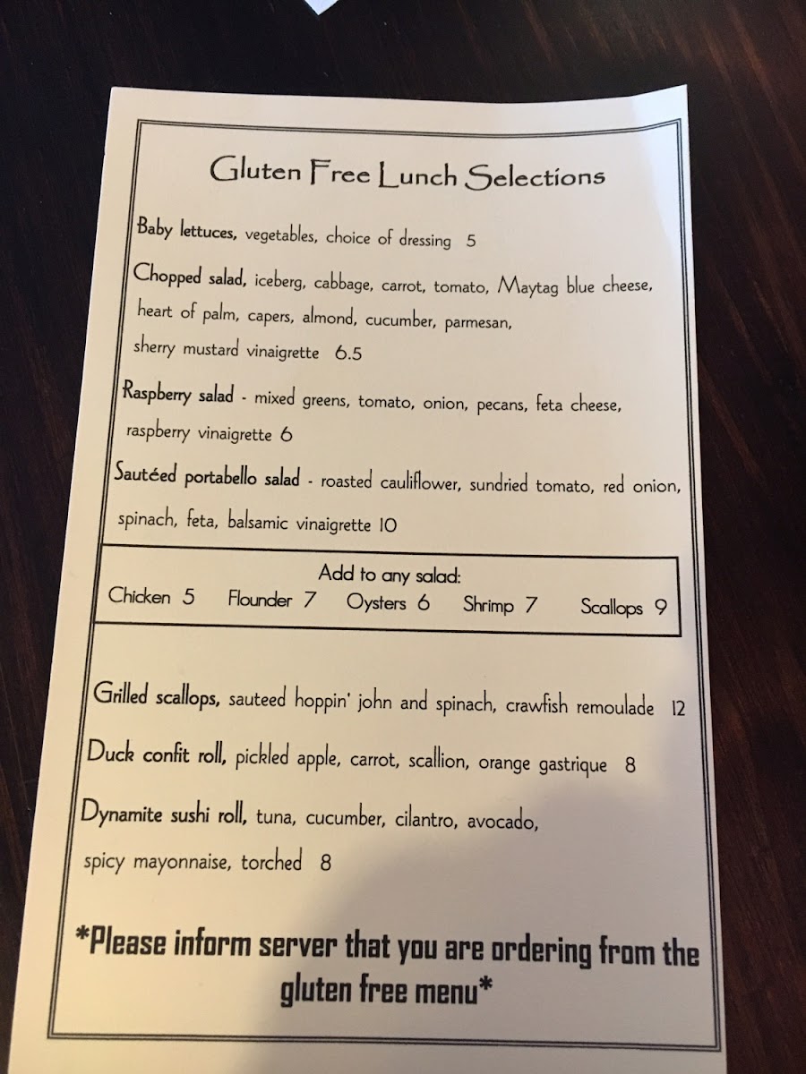 Rivertown Bistro gluten-free menu