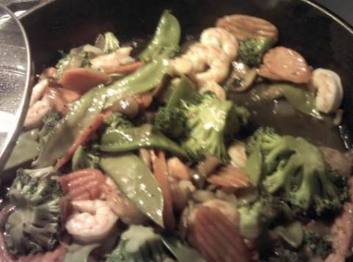 Shrimp any fresh Asian veggies Added Mushroom and Broccolli Yum!