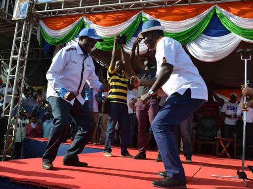 NASA leader Raila Odinga and his running mate Kalonzo Musyoka during a past political rally at Voi. /RAPHAEL MWADIME