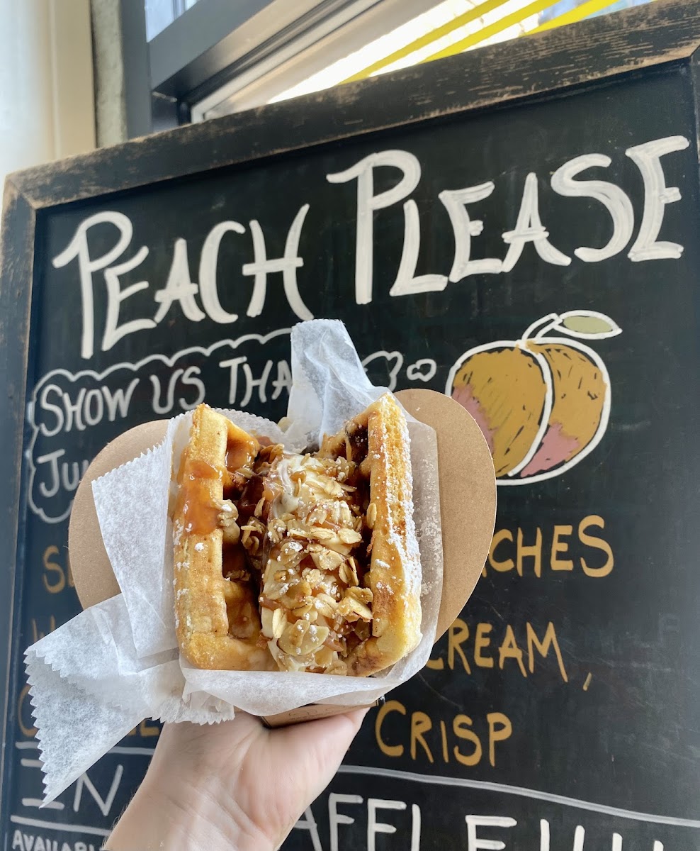 Try our Bourbon Peach GF waffle sandwich! Prepared with local peaches baked with a delicious bourbon glaze. Topped with homemade whipped cream and homemade almond crumble and house made caramel sauce! Be sure to try before it’s gone! 🤤