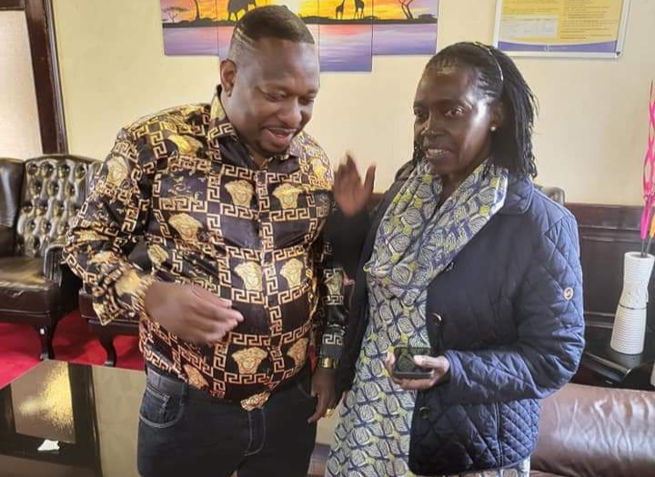 Azimio presidential running mate Martha Karua shares a moment with former Nairobi Governor Mike Sonko at Wilson Airport on Tuesday July 12, 2022.