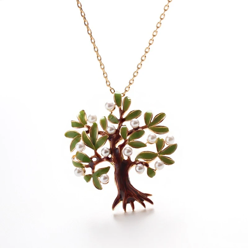 Colar Longo Dourado 18K com Pingente de Árvore Verde Esmaltada Corrente Decorativa para Camiseta Brilhante Feminina