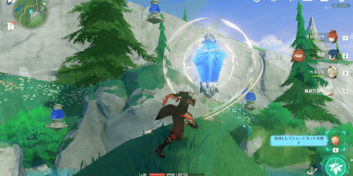 池周辺の青い装置を攻撃し、水量探測クリスタルを回転させる